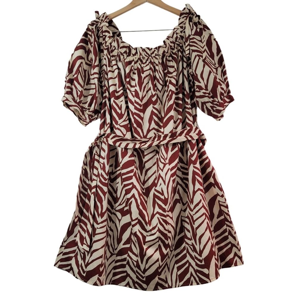 Eloquii Burgundy and Cream Zebra-Print Off-Shoulder Mini Dress